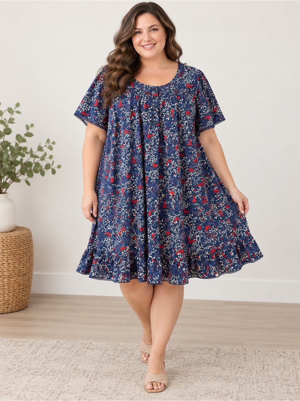 Dreams & Co Navy Cardinal Cotton Nightgown 2X 26/28 Plus Size